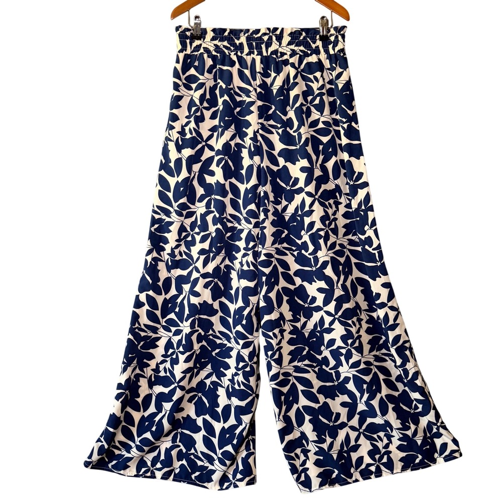 Navy/Cream Floral Wide Leg Pants Elastic Waist XL Pockets Flowy Summer Boho - Picture 2 of 6